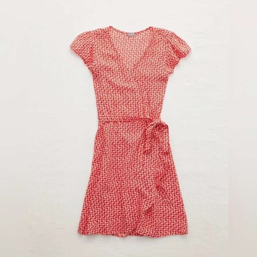 Aerie Red and White‎ Ditsy Floral Wrap Mini Dress - Picture 2 of 11